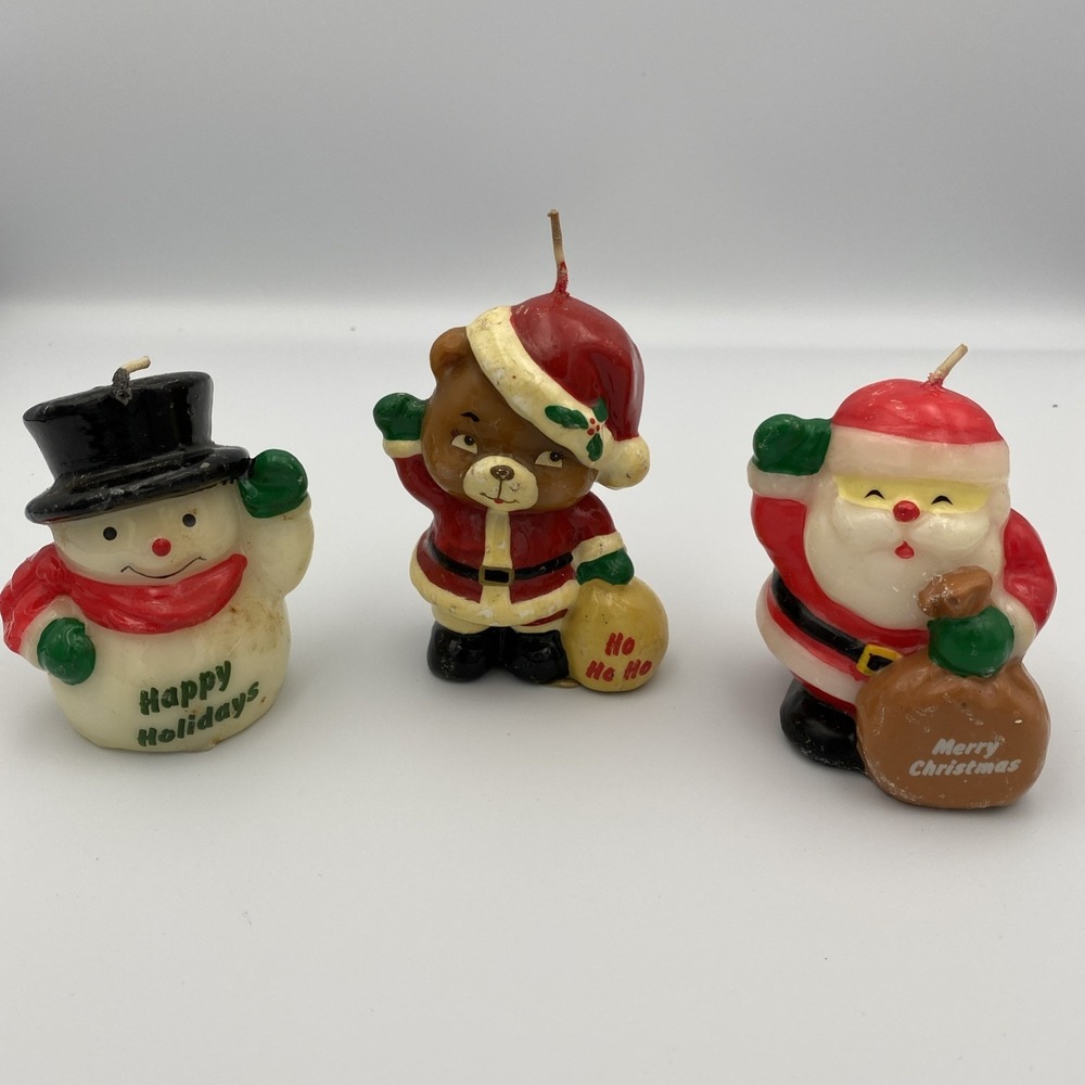 Vintage Russ Berrie Christmas Candles Lot Of 3 Bear‎ Santa Snowman 3 - 4"